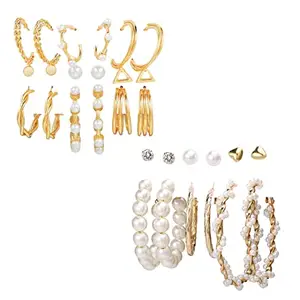 Vembley Combo of 15 Pair Gorgeous Gold Plated Pearl Crystal Heart Studs & Hoop Earrings For Women and Girls