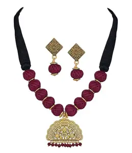JFL - Jewellery for Less Gold Plated Small Bead Pendant with Cotton Bead Necklace and one Pair of Earring Women & Girls (Black, Maroon)