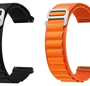 ACM Pack of 2 Watch Strap Nylon Material Loop 22mm compatible with Pebble Odyssey Smartwatch Sports Hook Band Size (Black/Orange)