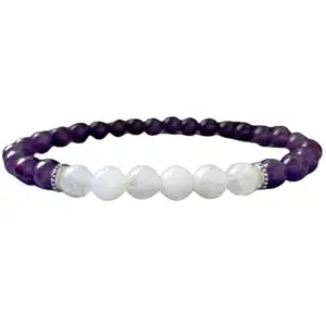 RRJEWELZ Natural Amethyst & Moonstone Round Shape Smooth Cut 8mm Beads 7.5 inch Stretchable Bracelet for Healing, Meditation, Prosperity, Good Luck | STBR_00492