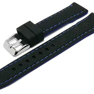Ewatchaccessories 22mm Silicone Rubber Watch Band Strap Black With Blue Stich Pin Buckle -BWB-90