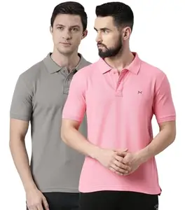 Force NXT Super Combed Cotton Mens Pack of 2 Collared Polo Solid T-Shirt Multicolour