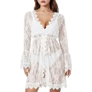 SANNIDHI® Lace Beach Wear Dress Bikini Cover Up for Women Hollow-Out Swimsuit Coverup Beachwear for Women V-Neck Long Sleeve Tie Waist Floral Bathing Suit Cover-Up for Pool, Vacation, Resort Wear
