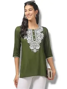 Women Rayon Embroidered Straight Kurti Top | Floral Thread Work | 3/4 Sleeve Casual Office Wear Tunic for Jeans & Leggings