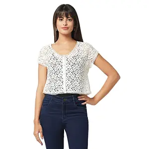 ESPRESSO Women Cotton/Nylon Blended Round Neck Cap Sleeve Front Open Buttoned Floral Lace Crop Shrug - OFFWHITE - XL