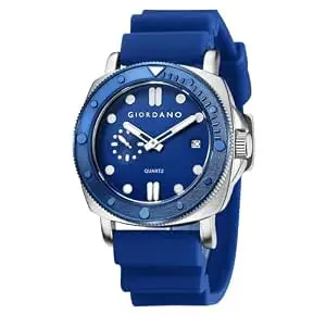 Giordano Analog Quartz Watch for Men with Round Dial, Luminous Hours Markers, Date Display, Small Seconds Sub-Dial and Wavy Pattern Silicone Strap