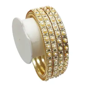 MEHAK CURATORS Light Gold Plated Pearl Moti Bangles Kada Set of 4 (2.6)