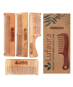 Lufaura Natural Organic Kacchi Neem Wood Comb for Women, Soaked In Herb Oil For Multi-Actions Detangling, Frizz Control and Shine, For All Hair Types (Combo Set of Dual + Handle + Pocket + Wide Bounce Small)