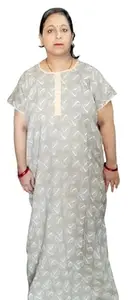Plus Size Cotton Nighty, Grey Floral Print, Short Sleeve Nightgown, Loose Fit