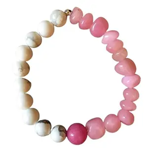 RRJEWELZ Natural Pink Jade, Howlite & Rhodochrosite 8-10mm Round & Tumble Shape smooth Cut Beads 7 Inch Stretchable Bracelet for Men & Women.|STBR_RR_07717_7.0