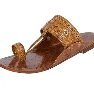 STEPFOX Leather Kolhapuri Chappals for Men-Stylish & Comfortable Handmade Ethnic Slipper,Unique designs-Antiskid Flat Chappal (Brown, 10)