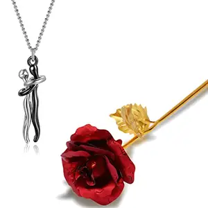 Fashion Frill Valentine Gift For Girlfriend Silver Hug Pendant Silver Chain Necklace For Women Girls With 24k Gold Rose Love Gifts