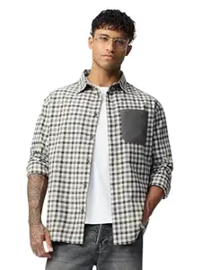 The Souled Store Plaid Shirt: Chrome Men and Boys Long Sleeve Spread Collar Grey Checks Lightweight Easy to Style Everyday Office Wear Cotton Relaxed Shirt