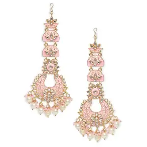 OOMPH Jewellery Baby Pink Meenakari & Kundan Floral Chandbali Earrings with Ear Chain For Women & Girls Stylish Latest (PK-EHC232_A)