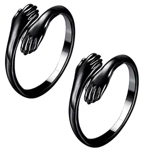 (Pack Of 2 Pcs) Black Color Stainless Steel Adjustable Hug Ring Valentine's Day/Anniversary Love Couple Embrace Statement Promise Hand Hug Me Thumb Finger Rings