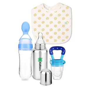 Kidbea Stainless Steel Infant Baby Feeding Bottle, Pretzel Printed Bibs, Blue Silicone Food and Fruit Feeder Combo of 4