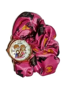 Scrunchie Analog Watches with Fabric Scurnchie wrist band for Women & Girls (Printed Pink)