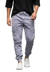 WytFox Men's Denim Cargo Joggers II Cotton Blend II Low Rise Slim Fit II Stretchable II Multi Pockets II Elastic Waist and Ankle Cuffs II Urban and Street Wear