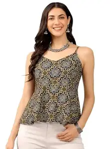Pinkmint Women Pure Cambric Cotton Printed Peplum Top | Sleeveless Spaghetti Strap Summer Casual Top for Women & Girls
