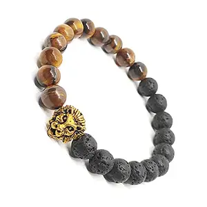 The Bling Stores Tiger Eye 8mm Bead Bracelet, Natural Lava Rock Stone and Gold Plated Tiger Charm with Essential Oil Anxiety Aromatherapy Bracelets Jewelry Gifts for Men and Women