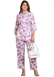 JALMALA’s Purple Cotton Top & Bottom Set: Ethnic Motif Floral Print, Embroidered Sleeves || Set for Women and Teenage Girls (K49+50-M1)