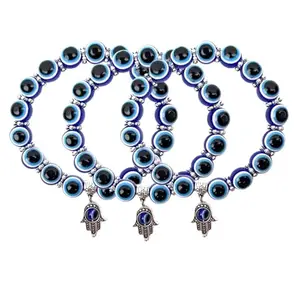 Crystal mala Evil Eye Hamsa Blue Beaded Charm Stretch Bracelet Hand of Fatima Turkish Lucky Evil Eye Bracelet for Protection and Blessing (Pack of 3)
