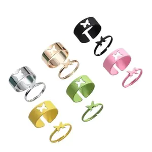 DRIARA RING 033 Colorful Adjustable Butterfly Rings Combo Set | 12 Pair Wide Band & Matching Thin Band | Rings for Teens & Women