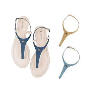 Cameleo -changes with You! Cameleo -changes with You! Women's Plural T-Strap Slingback Flat Sandals | 3-in-1 Interchangeable Strap Set | Dark-Blue-Olive-Green-Light-Blue