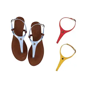 Cameleo -changes with You! Women's Plural T-Strap Slingback Flat Sandals | 3-in-1 Interchangeable Leather Strap Set | Silver-Red-Yellow