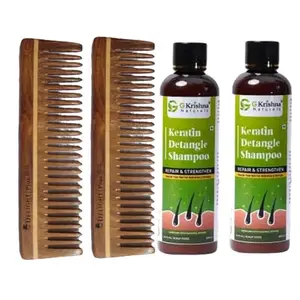 G Krishna Naturals Combo Pack of Hair Brushes Wooden Neem Comb & Detangle Hair Shampoo for Women & Men | Wood Kangi and Hair Shampoo for Natural Hair Growth (Pack of 2 Each)(GKNKPC2-08)