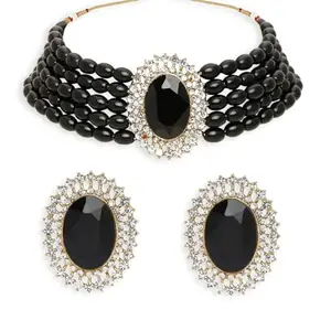 OOMPH Jewellery Black Beads Multi Layer Ethnic Choker Necklace Set with Stud Earrings for Women & Girls Stylish Latest (NERM11_O)