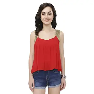 ASHTAG Red Georgette Balloon top with Golden Sequins Neck