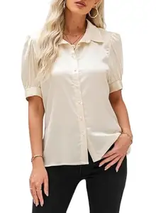 CLRQ Women's Satin Solid Half Sleeves Regular Fit Casual Shirt (Cream,M)