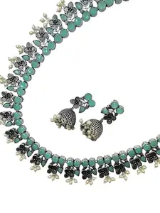 Green Silver Floral Necklace Set with Turquoise Stones and Pearls