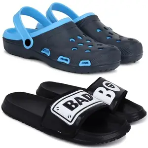 Pampy Angel Combo Pack of 2 Slipper/Flip Flops/Slides/Clogs/Sandals with Adjustable Back Strap for Men,(Cl-Shell-Blue,Badboy-Black),8 (UK/India)