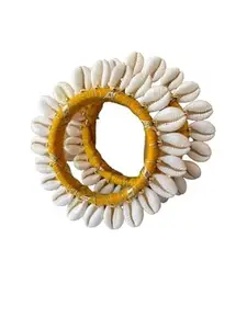 Women's Fashion Hub Handcrafted Cowrie Shell Bangles with Thread Embellishments Natural Cowrie Beads Shell Bracelets Set for Women and Girls | Stylish & Fashionable Bangles Giving Beach Vibes (Yellow, 2.6 inch)