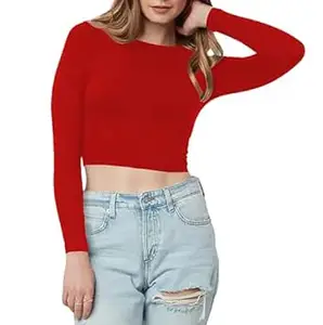 Women's Cotton Boat Neck Full Sleeve Solid Casual Wear Crop Top for Women L355