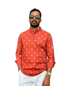 PEHNO Men's Cotton Blend Printed Regular Fit Full Sleeve Short Kurta | Men's Trendy Short Kurta