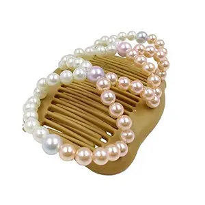 SECRET DESIRE Womens Pink White Pearls Magic Elastic Hair Clips Stretchy Double Hair Combs