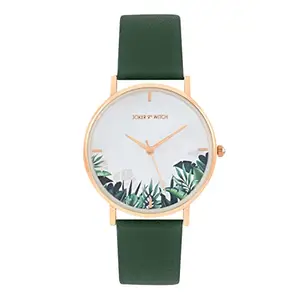 Joker & Witch Leaf Bay White Dial Dark Green Faux Leather Analogue Watch for Women