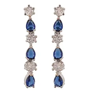 Ratnavali Jewels Brass Silver Plated Blue American Diamond Stone Dangle Drop Stylish Fashion Earrings For Women Girls