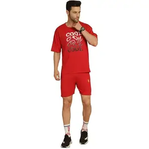 VIMAL JONNEY Printed Red Round Neck Cotton Oversize Half sleeves Co-ord set Tracksuit For Men-VIMAL52614