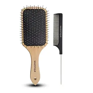 Majestique Wood Hair Brush and Detangle Tail Comb Instead of Brush Cleaner Tool, Flat Hair Brush Eco Friendly for Women Men and Kids Make Thin Long Curly Hair Health and Massage Scalp