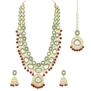 Peora Maroon Crystal Kundan & Beads Studded Long Necklace Earrings Maangtikka Set Ethnic Jewellery Gift for Women