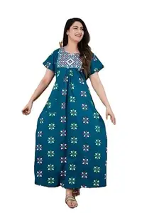 Women Cotton Emboidery Nighty, Cotton Nighty Short Sleeve (C-Green, 2XL)