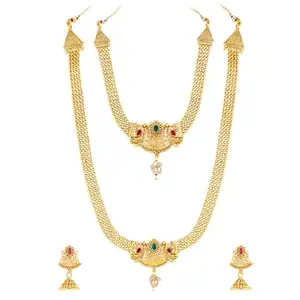 Peora Gold Plated Synthetic Stone & Pearl Studded Peacock Pattern Maharani Haar Short & Long Necklace with Jhumki Earrings Bridal Jewellery Set for Women