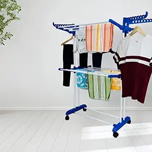 Bluevista Royal Jumbo White Double Supported Cloth Drying Stand with Wheels | White & Blue | Cloth Dryer Stand Foldable for Balcony (2 Layer)