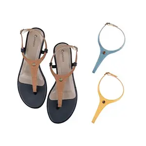 Cameleo -changes with You! Women's Plural T-Strap Slingback Flat Sandals | 3-in-1 Interchangeable Strap Set | Brown-Light-Blue-Yellow