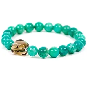 Lady Works Natural Amazonite With Smoky Quartz 8-10mm Round Shape Smooth Cut Beads 8 Inch Stretchable Bracelet For Men & Women. Unisex Bracelet For Healing, Meditation, Prosperity & Luck|LW_BRST_00274_8.0