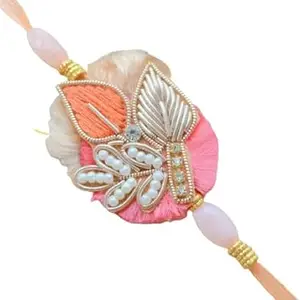 Generic Pretty Ponytails Simple Peach and Off White Leaf Rakhi with Pearls for Kid Brother or Bhai as Raksha Bandhan gift for Kids